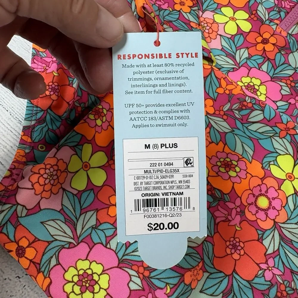 Cat & Jack Girls Sz 8 Plus M Long sleeve Swim Rash Guard Swimsuit Floral NEW